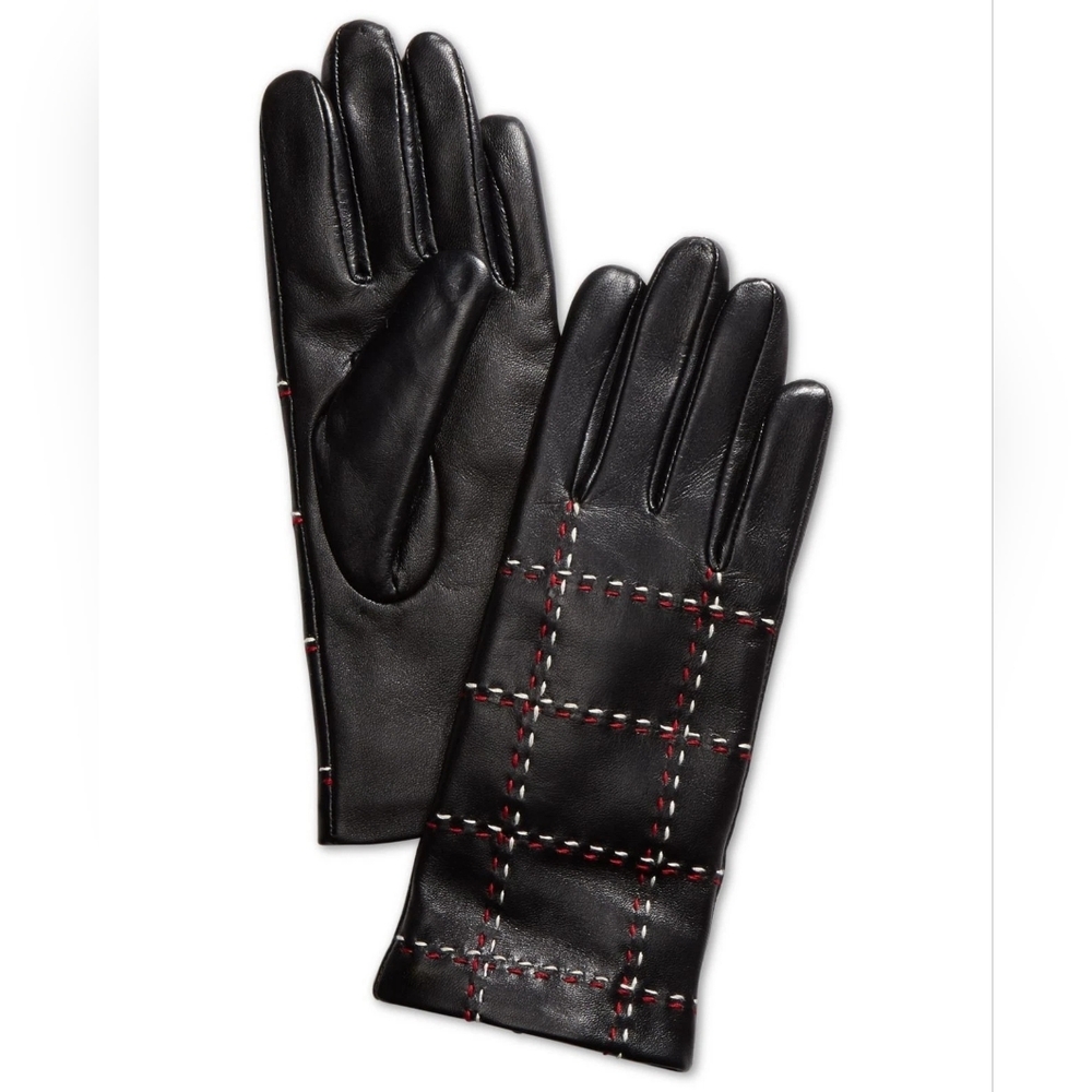 Charter Club‎ Genuine Leather Touchscreen Gloves Black Plaid Stitch Size S